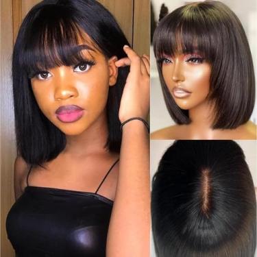 Imagem de Peruca de renda reta curta Bob peruca de cabelo humano curto preto Bob peruca com franja 180% densidade parte do meio 3x1 cor natural perucas de cabelo humano brasileiro virgem (Bob com franja, 30,5