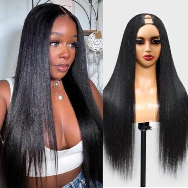 Imagem de Perucas de cabelo humano liso Yaki Upgrade U Part Wig Easicontour U part perucas de cabelo humano com cordão, 200% densidade desgaste e não cola peruca cabelo humano clipe de cabeça inteira na meia