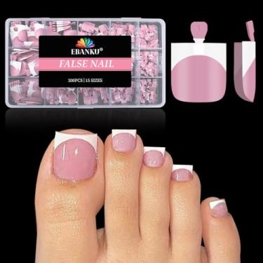 Imagem de 300 peças de unhas francesas para mulheres, prensas de unhas quadradas EBANKU afiadas, pontas de unhas de acrílico rosa com primer e base pré-aplicados, extensão de unhas postiças de gel macio, 15