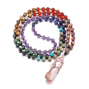 Imagem de GEHECRST Colar de contas de oração Mala natural de 7 chacras 108 com pingente pontudo de cristal de cura Reiki 6 mm pedras preciosas colar masculino feminino joia para meditação, proteção, Pedra, 7