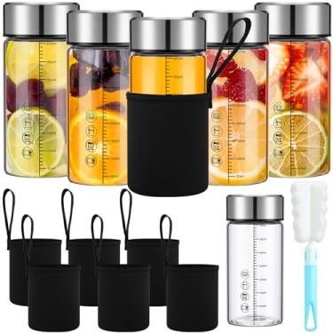 Imagem de Vesici Pacote com 6 garrafas de suco de vidro de boca larga com tampas e manga para sucos, smoothies, água infundida com proteína de leite, reutilizável, à prova de vazamento, garrafa de borossilicato