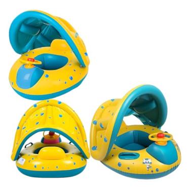 Imagem de Boia Infantil com Cobertura Solar, Amarela e Azul, PVC Resistente, 90x46cm, Assento Ergonômico, Proteção UV, Para Crianças 6 Meses a 3 Anos, Suporta 26kg