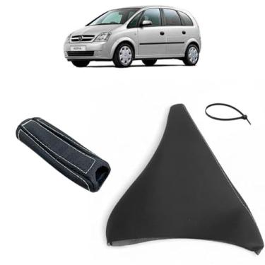 Imagem de Revestimento Coifa E Capa Couro Legitimo Alavanca Freio De Estacionamento Meriva Joy Ss 2002 Á 2012 (PRETO - COSTURA PRATA)