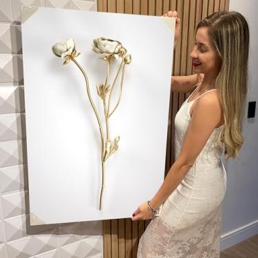 Imagem de Quadro Decorativo Canvas Flores Brancas e Douradas Vertical (CAN2593)