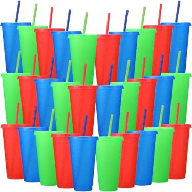 Imagem de Honeydak Pacote com 30 copos com canudo e tampa, copos de plástico com glitter, garrafa de água, café gelado, caneca de viagem, reutilizável, copos de lembrancinha de festa para aniversários, viagens