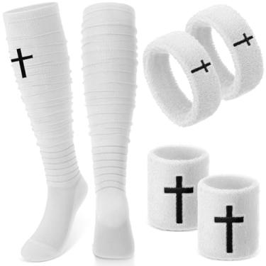 Imagem de Mumucove Conjunto de meias de futebol americano, faixas de bíceps, faixas de pulso, meias extra longas, pulseira de algodão grosso para esportes, jovens, adultos (cruz, G, branco)
