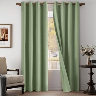 Imagem de Cortinas texturizadas 100% blackout de linho, 203 cm de comprimento, conjunto de 2 painéis para sala de estar, quarto, cortinas leves com ilhós, proteção total de privacidade, verde, 132 cm L x 213 cm