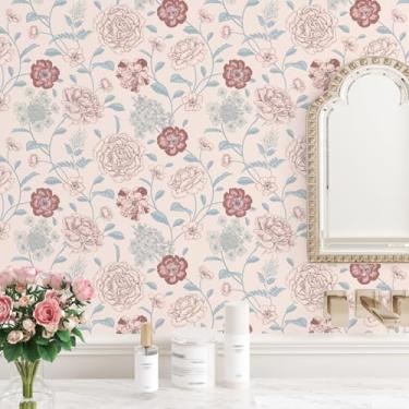 Imagem de EPPKILY Papel de parede floral rosa e vermelho para descascar e colar papel de parede vintage floral rosa papel de parede autoadesivo removível para paredes armários de quarto forro de prateleira