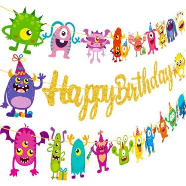 Imagem de Banner de aniversário umoni Monster Bash com glitter Feliz aniversário