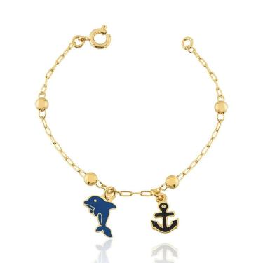 Imagem de Pulseira Infantil com Pingente Golfinho Âncora Banhado Ouro