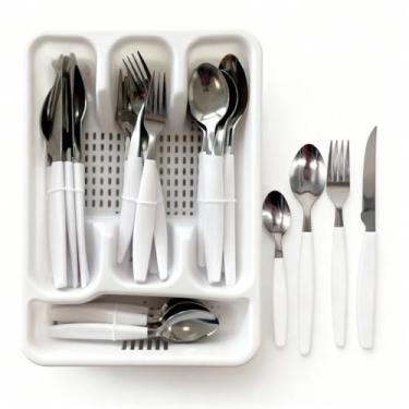 Imagem de Jogo de Talheres 25 Peças em Aço Inox com Porta Talher, Suporte Gaveteiro Branco – Faqueiro para 6 Pessoas, Utensílios de Cozinha, Enxoval