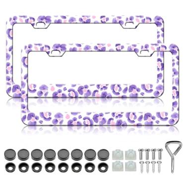 Imagem de Moldura de placa de licença de flor - 2 peças linda flor roxa engraçada floral alumínio metal suporte de placa de licença, à prova de ferrugem, à prova de ferrugem, molduras decorativas para carro