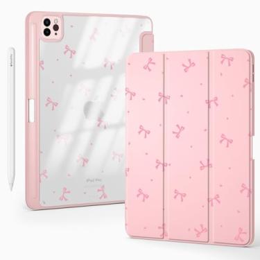 Imagem de BlHMCASE Capa fofa Kawaii com laço rosa para iPad mini 7 A17 Pro 2024/iPad Mini 6 com suporte para lápis, hibernar/despertar automático, capa traseira de acrílico transparente de couro rosa