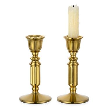 Imagem de Castiçais dourados decoração vintage - Castiçal de latão sólido Romadedi para mesa de casamento, Natal, mesa central, cornija, decoração de casa, conjunto de 2