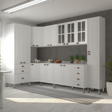 Imagem de Armário De Cozinha Completa 8 Peças Com Tampos E Vidro Cristal Luciane Móveis Branco Polar Com Branco Pet E Marmore