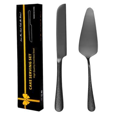 Imagem de XIAOYU Conjunto de 2 peças de faca e servidor de bolo martelado, utensílios de corte de bolo de casamento de aço inoxidável, cortador de bolo e espátula de servir para aniversário, festa, aniversário,