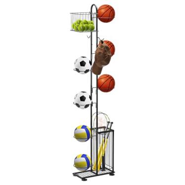 Imagem de Tuenort Rack de armazenamento de bola de basquete, suporte de basquete independente de 7 níveis, rack organizador esportivo de armazenamento de bolas de garagem com cesta para vôlei, futebol, basquete