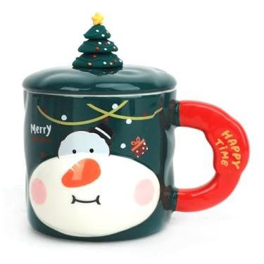Imagem de IPENNY Caneca de cerâmica de Natal com tampa de árvore de Natal - Copo de café nórdico de 340 g para chocolate quente e leite, caixa de presente festiva (homem de neve, cinza, embalagem de caixa