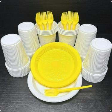 Imagem de Kit 300 Itens Festa Aniversário Descartáveis Plástico Colorido Perolado 100 Pessoas Completo Pratinho Garfinhos Copos (Branco Amarelo)
