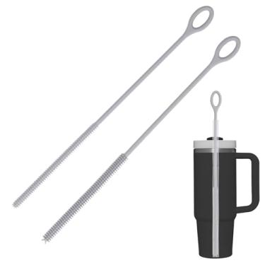 Imagem de Kimryde Escova de limpeza de palha de silicone, 2 peças de escova reutilizável extra longa para limpeza de copo com alça e canudos de smoothie de metal de vidro, alça antiderrapante macia e dobrável