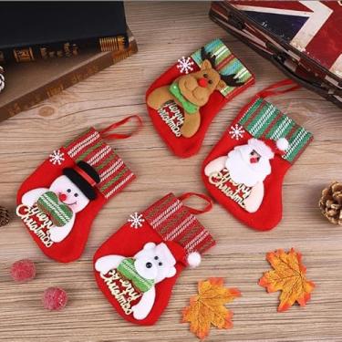 Imagem de Pacote com 4 meias de Natal para decorações de Natal lareira para pendurar meias de feltro Papai Noel boneco de neve urso rena presente saco de doces