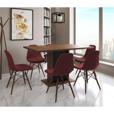 Imagem de Mesa Jantar Londres Retangular Amêndoa 137X90 Base Preta 6 Cadeiras Estofadas Vermelho Madeira