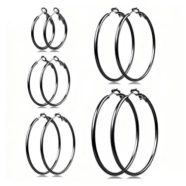 Imagem de 5 pares de brincos de argola de ouro e prata para mulheres, banhado a ouro 14 K, brincos de argola fina, de aço inoxidável, leve, hipoalergênico, 30/40/50/60/70 mm, Middle, Aço inoxidável, Sem pedra