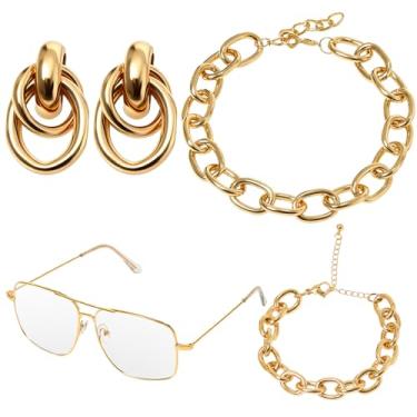 Imagem de Mepase Kit de fantasia hip hop dos anos 80 e 90, 4 peças, óculos dourados, brincos geométricos, corrente cubana, colar, pulseira, acessório de Halloween