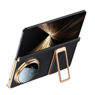 Imagem de FWYANZH Capa para Honor Magic V5, capa traseira de couro genuíno, alça de mão invisível, suporte com tudo incluído, dobradiça à prova de choque, preta, V5