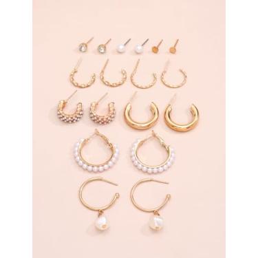 Imagem de Conjunto de 9 pares de brincos de argola e brincos dourados para mulheres, joias modernas com design de pérola e torção, elegantes brincos de argola pequenos para uso diário e presentes