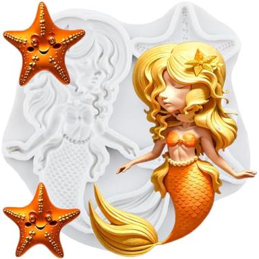 Imagem de MYPRACS Molde de silicone para fondant de estrela do mar de sereia para decoração de bolo de açúcar, topo de cupcake, pasta de goma de chocolate, argila de polímero