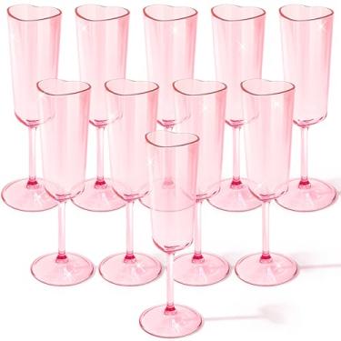 Imagem de Teenyyou Pacote com 10 taças de champanhe em forma de coração para o Dia dos Namorados 170 g, taças de champanhe acrílicas rosa, taças de martini, taças de vinho para coquetel e aniversário da