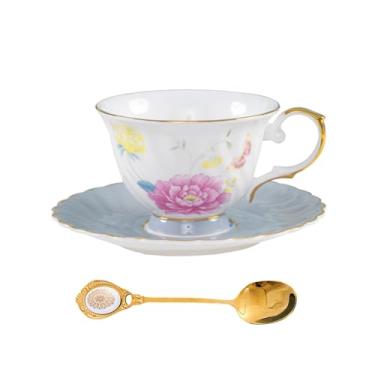 Imagem de PANAOAHU Conjunto floral de xícara de chá e pires, copo vintage com acabamento dourado, xícara de café de porcelana de osso com pires e colher, caneca de cerâmica de grau alimentício para mulheres