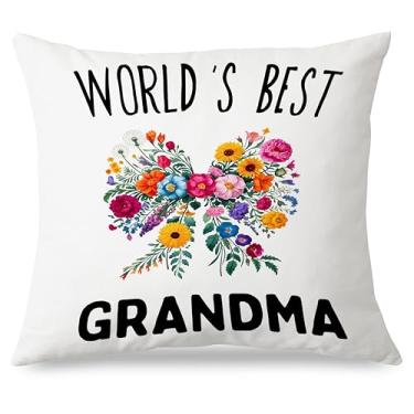 Imagem de Exqcom World's Best Grandma Fronhas de travesseiro 45,7 x 45,7 cm, melhores presentes para avó para aniversário e dia das mães de netos, coquete com laço de flores coloridas para avó para casa, quarto