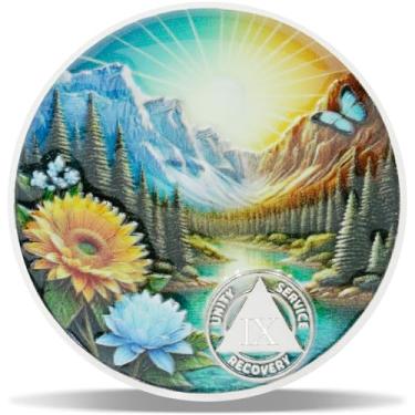 Imagem de Moeda de sobriedade Serenity Bloom de 9 anos – Medalhão Journey into Serenity NA – Token espiritual para recuperação e tempo limpo – Capacitando chips NA AA – Presente para homens e mulheres