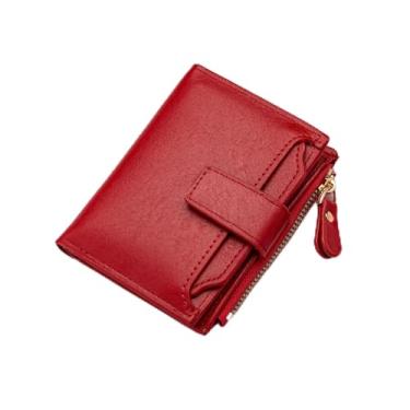 Imagem de Carteira pequena feminina de couro macio com bloqueio de RFID, duas dobras, porta-cartões, para mulheres, com zíper, bolso para moedas, 4 janelas para identidade, Vermelho, Carteira pequena