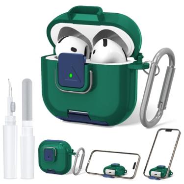 Imagem de QINZAC Capa de bloqueio seguro para AirPods 4 com suporte de telefone, capa protetora de TPU macio à prova de choque para AirPods 4ª geração, capa transparente para Airpod 4 com caneta de limpeza e