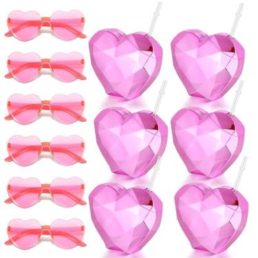Imagem de Yaomiao Conjunto de 12 peças para presente de Dia dos Namorados inclui 6 peças de copo rosa em forma de coração com tampa e palha, copos de plástico de 590 ml e 6 óculos de sol de coração sem aro