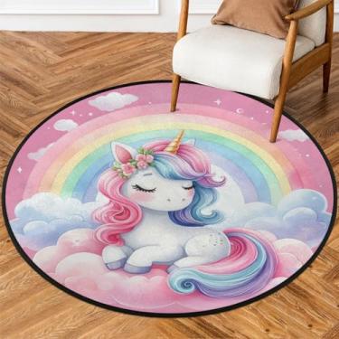 Imagem de Tapete redondo de 1,8 m arco-íris rosa unicórnio macio tapete de porta circular antiderrapante lavável para quarto interno, berçário, sala de estar, cozinha, banheiro, entrada, decoração de casa