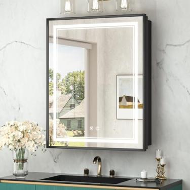 Imagem de TokeShimi Armário de remédios embutido 61 x 76 cm com espelho de luzes, espelho de LED regulável em 3 cores, armário de remédios com tomadas elétricas e desembaçamento, espelho de parede com