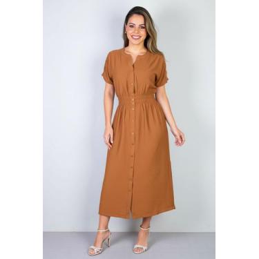 Imagem de Vestido midi manga curta botões e elástico 51133 - Fluffy, Caramelo, M