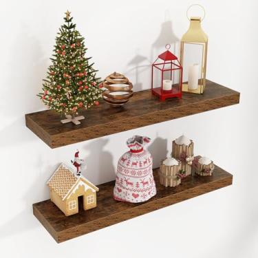 Imagem de Prateleiras flutuantes para parede, 61 cm L x 17 cm P x 3 cm A, 2 pacotes de prateleiras longas de madeira projetadas montadas na parede com suportes invisíveis para sala de estar, quarto, banheiro