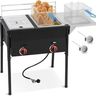 Imagem de Fritadeira de dois tanques - 2 cestos de aço inoxidável a propano - grande capacidade de óleo - fritar peixe/frango ao ar livre - com termômetro e regulador