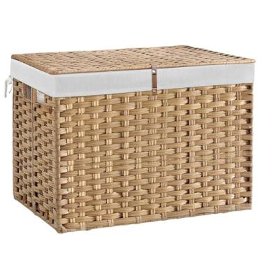 Imagem de Cesta de armazenamento de vime de 240 l com tampa, cesta grande de vime tecida à mão com forro removível, cesta de vime de 140 litros para cobertor, porta-malas com alça para armário, quarto, sala de