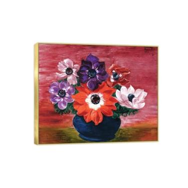 Imagem de BMZFYBS Pintura de arte de parede de flores - imagem de decoração vintage - buquê de anêmonas - impressões em tela moldura dourada para sala de estar 30 x 35 cm 12 x 13 polegadas