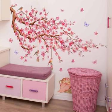 Imagem de Decalques de parede de flor de cerejeira, ramo de árvore floral grande rosa e azul com borboletas de pássaros, adesivos de parede de vinil removíveis para sala de estar, quarto, decoração de casa