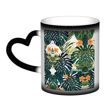 Imagem de Caneca de café divertida com folhas de palmeira tropicais de verão, xícara de cerâmica mágica sensível ao calor que muda de cor, 12 Oz, para café/chá/leite/cacau, para adolescente/aniversário/festival
