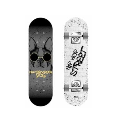 Imagem de Skate Infantil Dog + Kit Proteção Completo (Joelheira, Cotoveleira e Punho) – Prancha 79x20 cm, Truck Alumínio, Rodas Macias – Estampa Dog Colorida
