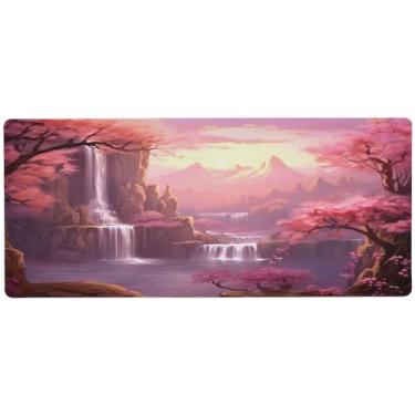 Imagem de Wassud Mouse pad bonito cachoeira para jogos com base de borracha antiderrapante, mouse pad longo para teclado de computador com borda costurada, almofada grande à prova d'água para escritório, casa