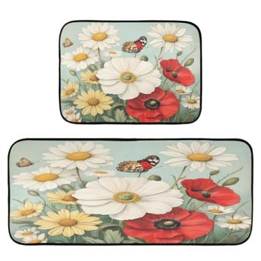 Imagem de STAYTOP Lindos tapetes de cozinha de flores silvestres, 2 peças, tapete de entrada frontal, antiderrapante, alivia a fadiga, lavável, tapete para cozinha, quarto, varanda
